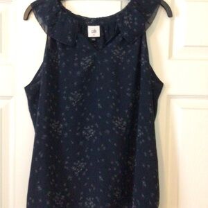 CAbi Blue Sleeveless Ruffled Blouse with Peter Pan Collar